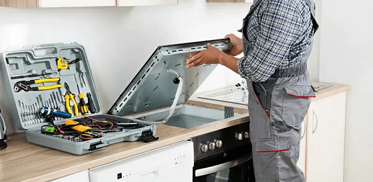 Handyman repairing a cooktop and checking wiring connections in Huntsville, AL