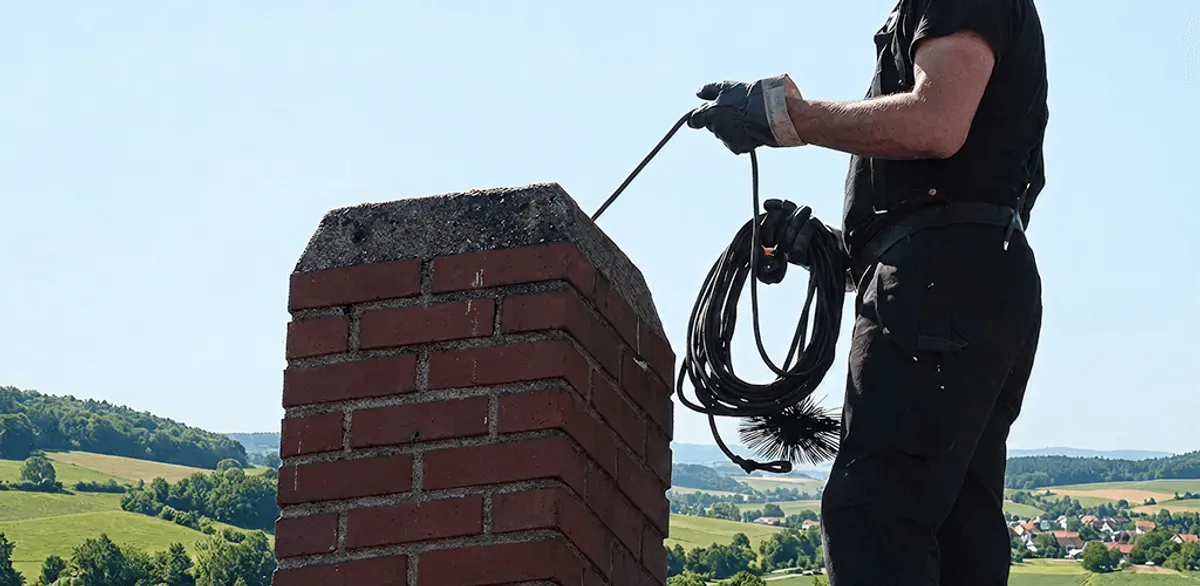 Chimney sweep inspecting and cleaning a rooftop chimney in Huntsville, AL