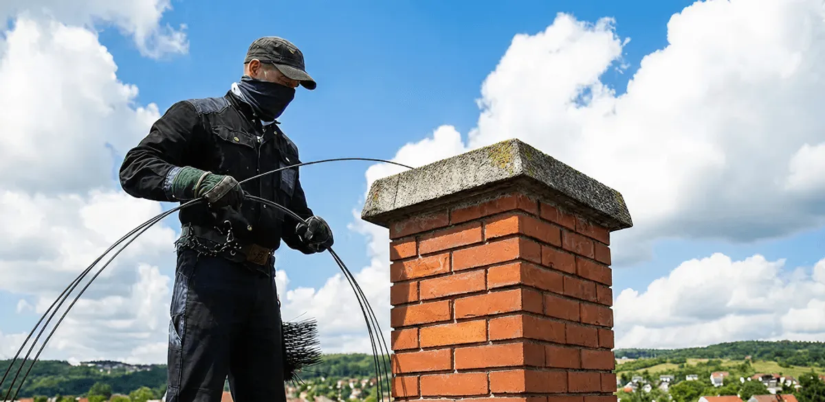 Chimney sweep cleaning a brick chimney with professional tools in Huntsville, AL