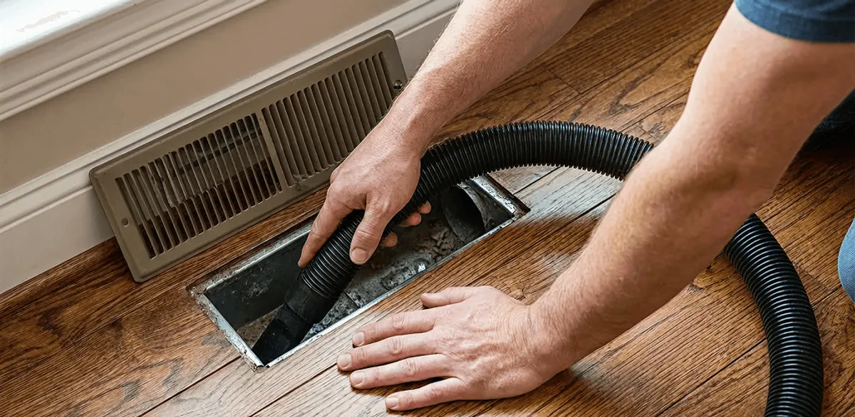 Air duct cleaning technician vacuuming a floor register and duct opening in Huntsville, AL