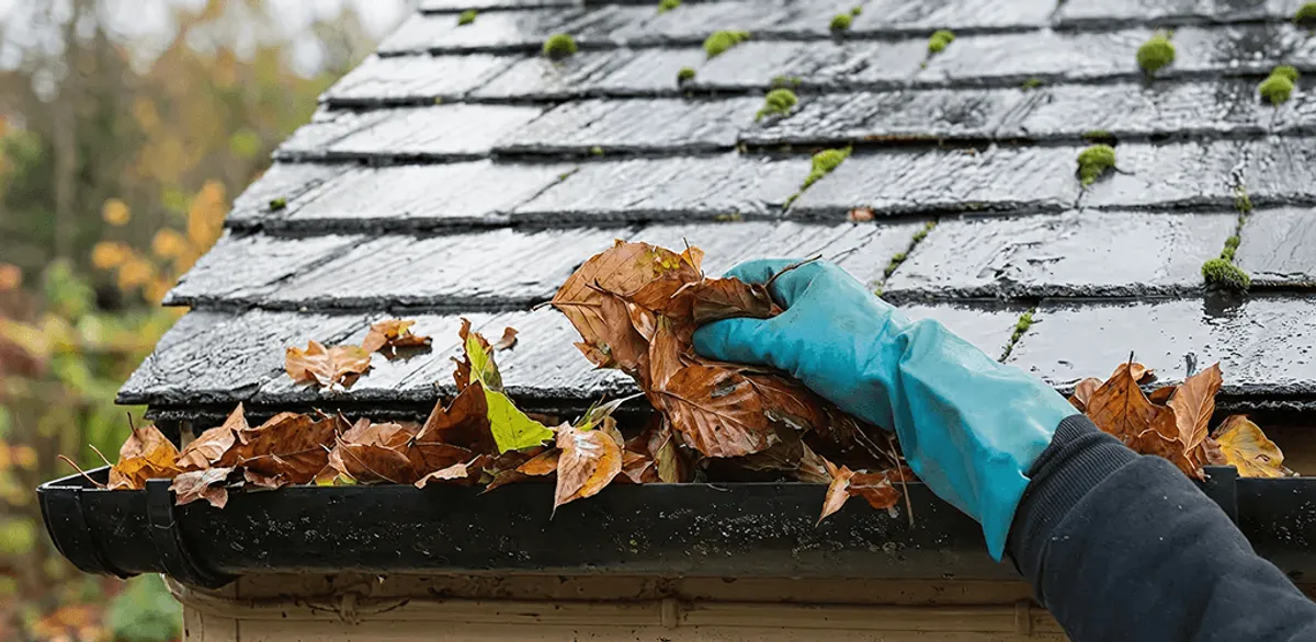 Gutter cleaning technician clearing wet leaves from roof gutters in Huntsville, AL